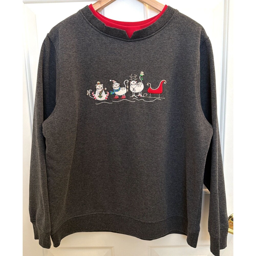 Vtg Shenanigans Christmas Winter Embroidered Cats Sleigh Gray Sweatshirt XL Cute